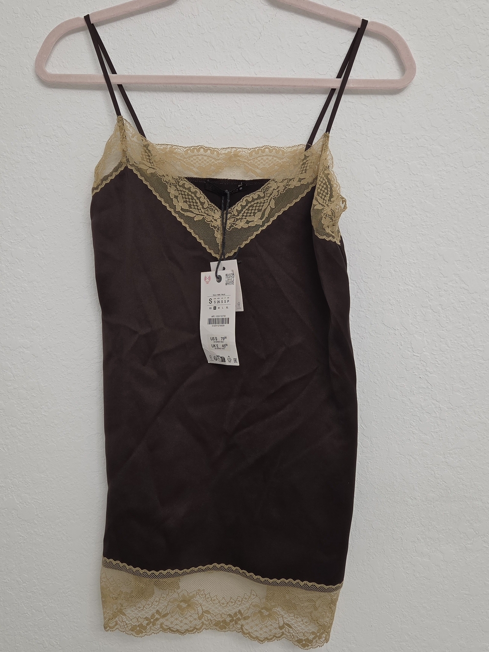 Zara Brown Slip Dress with Gold Lace Trim